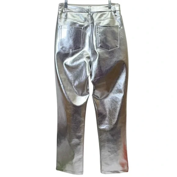 7 For All Mankind Silver Metallic Coated Straight Leg Pants Size Medium NWT - Picture 2 of 13